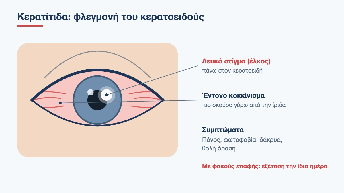 Κόκκινο μάτι με κερατίτιδα και λευκό στίγμα έλκους πάνω στον κερατοειδή