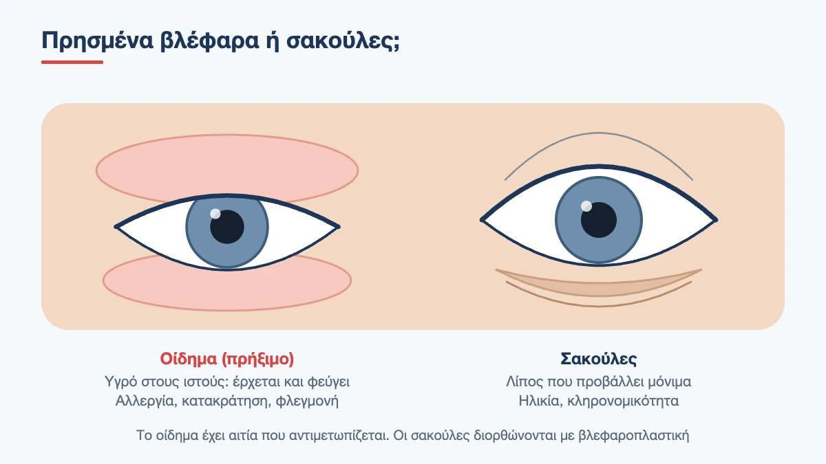 Σύγκριση πρησμένων βλεφάρων από οίδημα με σακούλες κάτω από το μάτι