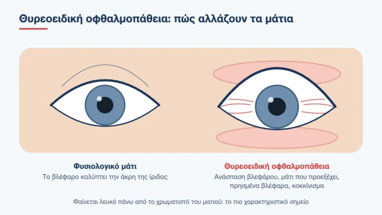 Σύγκριση φυσιολογικού ματιού με μάτι με θυρεοειδική οφθαλμοπάθεια: ανάσπαση βλεφάρου και πρήξιμο